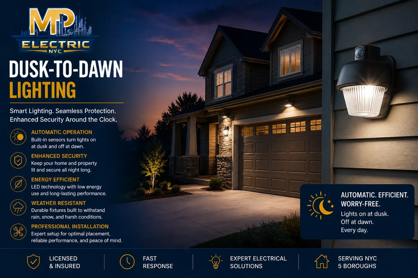 Dusk-to-dawn photocell lighting on a home exterior that turns on automatically at night