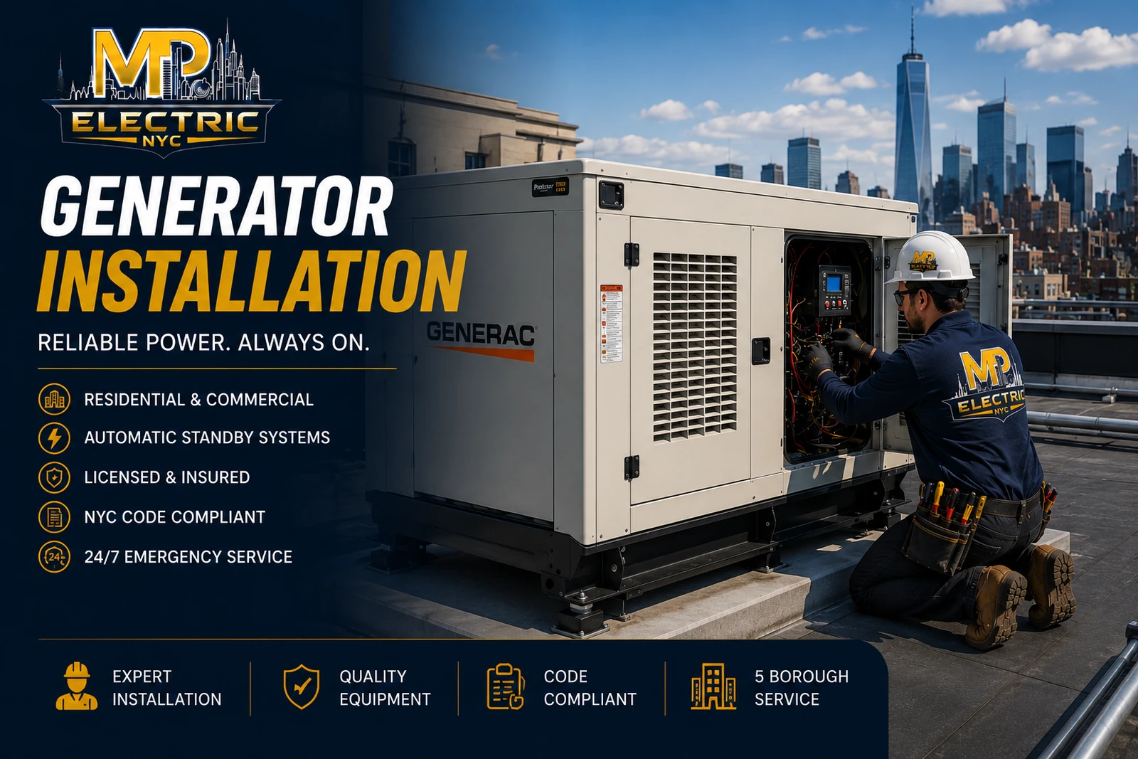 MP Electric NYC — commercial generator installation on a NYC rooftop