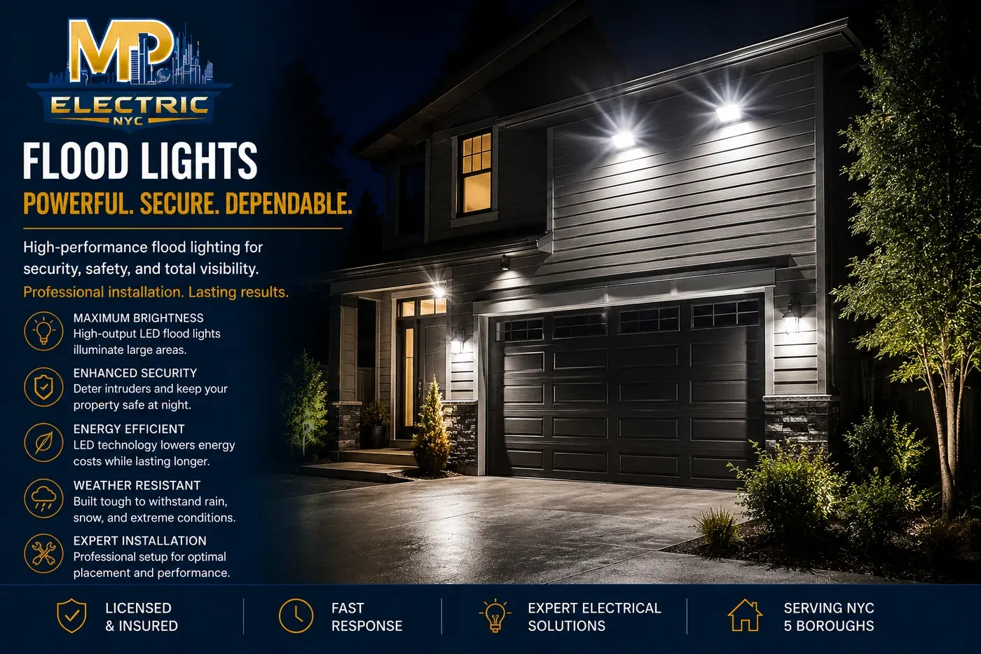 High-output LED flood lights illuminating a home exterior and driveway at night