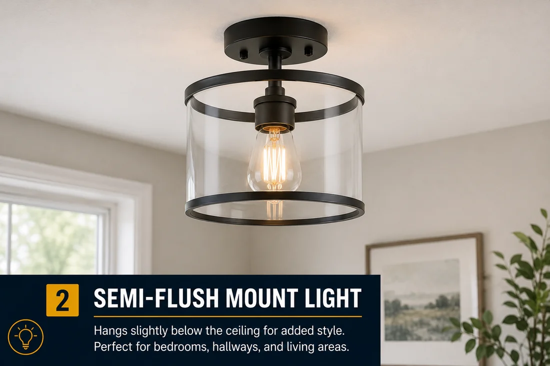 Semi-flush mount light — hangs slightly below the ceiling; great for bedrooms, hallways and living areas