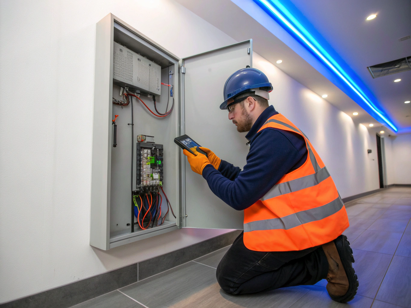 High-precision electrical engineering work with neon lighting