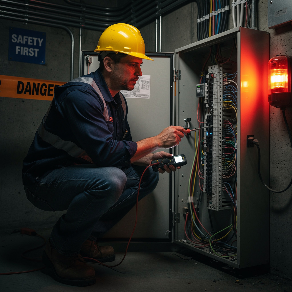 Electrical Diagnostics 2 Professional electrician performing diagnostics on an electrical panel