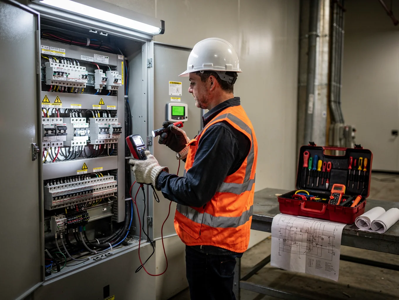 Safety Inspections 3 Licensed electrician performing a detailed safety inspection on a commercial panel