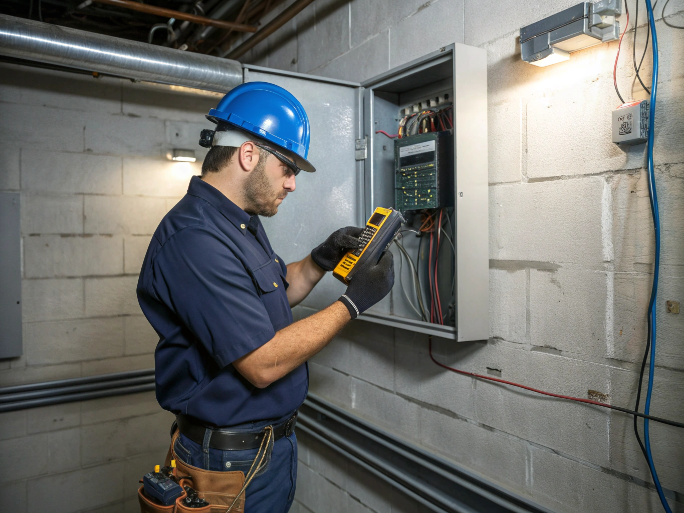 Maintenance Services 2 Professional electrician performing preventive maintenance on an electrical panel