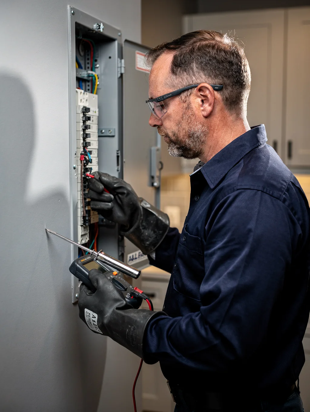 Service Areas 2 Professional electrician performing a safety inspection on a modern circuit panel