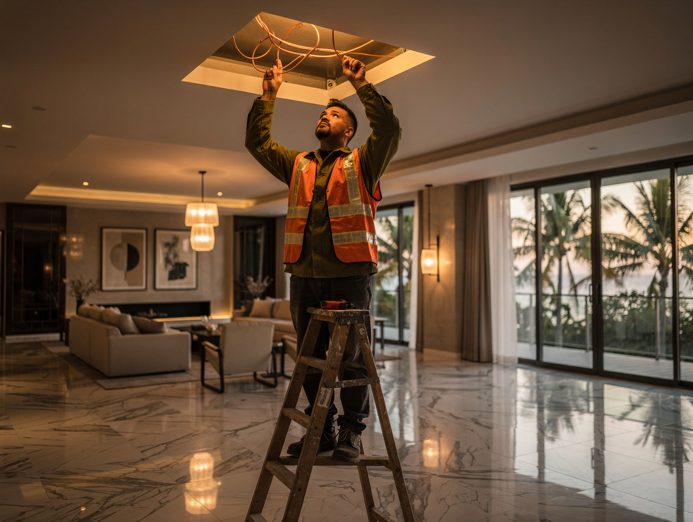 Lighting Installation 3 Electrician installing modern lighting fixture