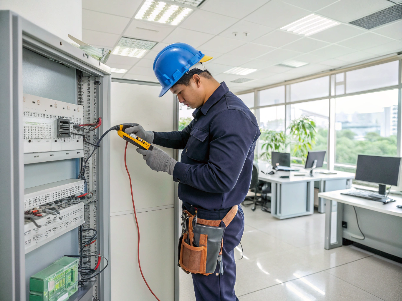 Residential Wiring 1 Professional electrician working on residential wiring panel